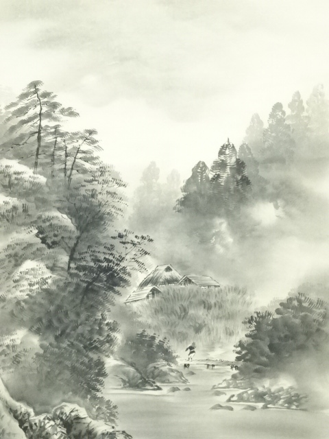 ◇◆水墨画 掛軸 菊の花 和亭 絹本 共箱 ◇◇水墨画 掛軸 菊の花 和亭 絹本 共箱 書